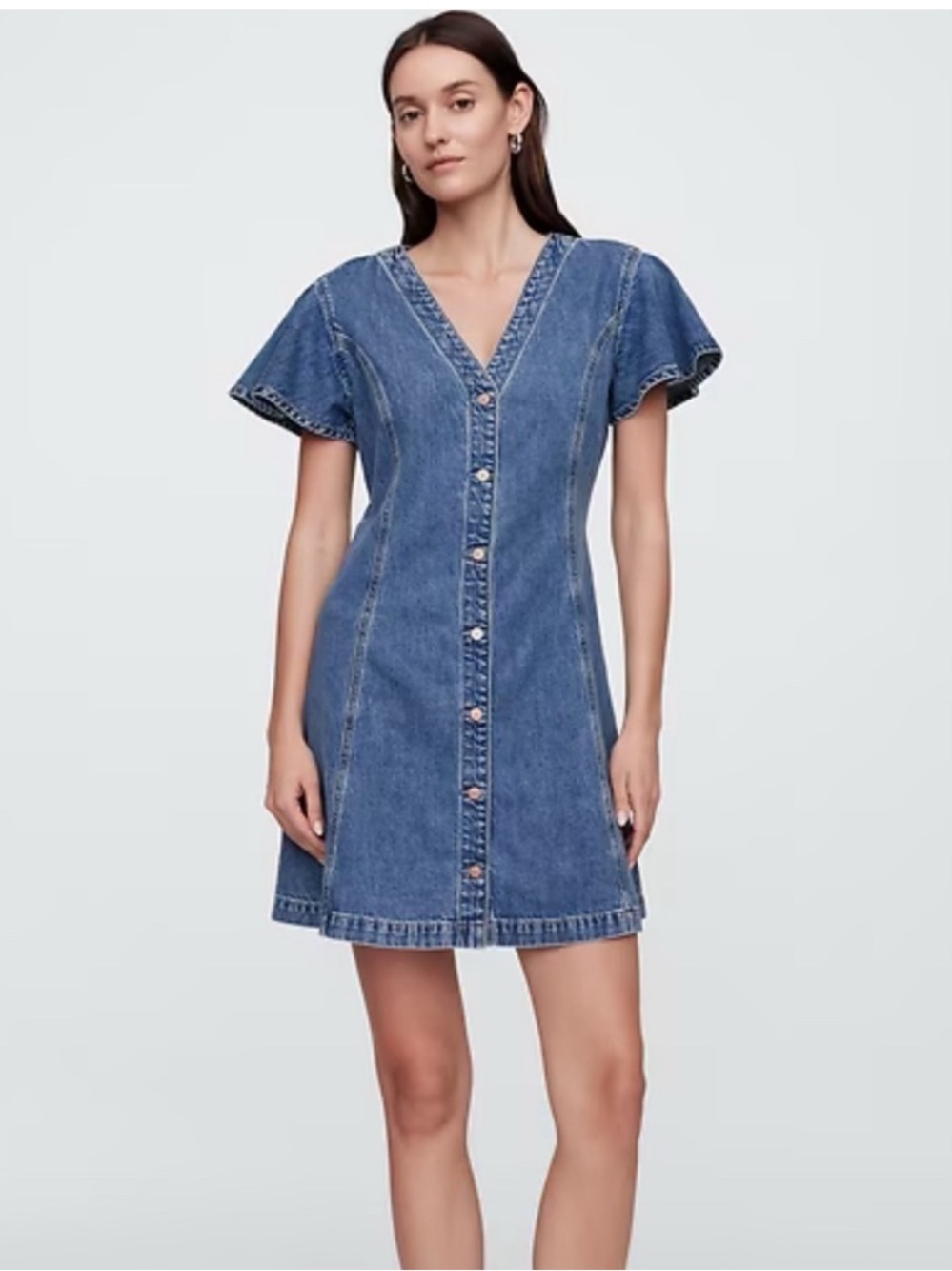 NWT GAP Blue Denim V-Neck Mini Small Dress with Flutter Sleeve